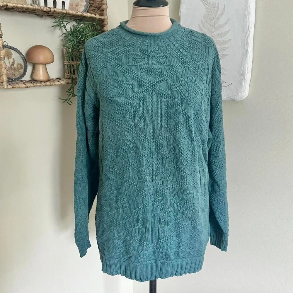 Vintage 80's‎ 90's Teal Knit Mock Neck Embossed Sweater